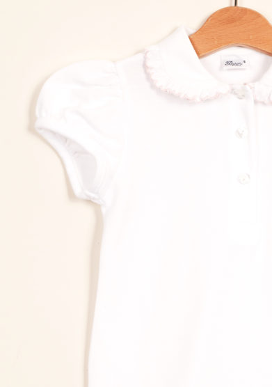 BARONI - Girl polo shirt with pink scalopp-trim collar
