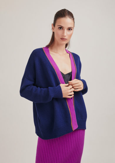 Alyki cardigan Nunù in lana e cashmere blu bordo a contrasto