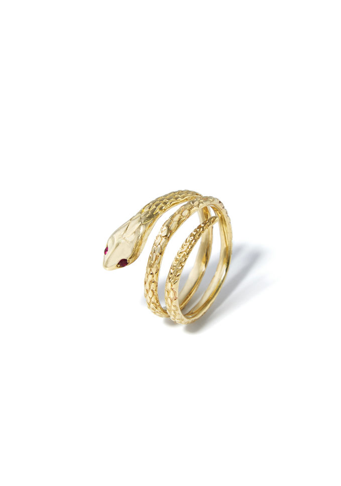 anello serpente bambina in oro giallo 18kt occhi rubino atelier molayem