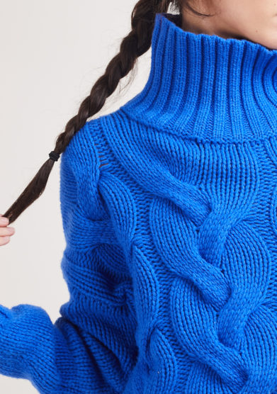 Frugone 1885 maglia trecciona collo in piedi blu paraggi cashmere
