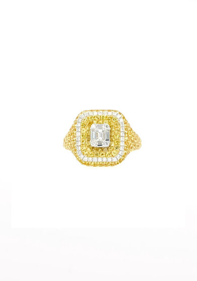 Gold for ever anello chevalier in oro bianco diamanti e zaffiri gialli