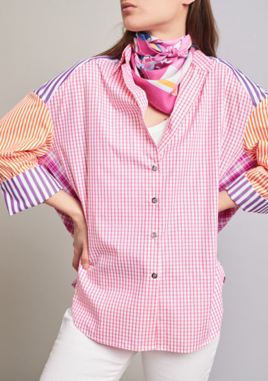 Susanna blu camicia artigianale in mix di cotoni a righe e quadri rosa tinti in filo