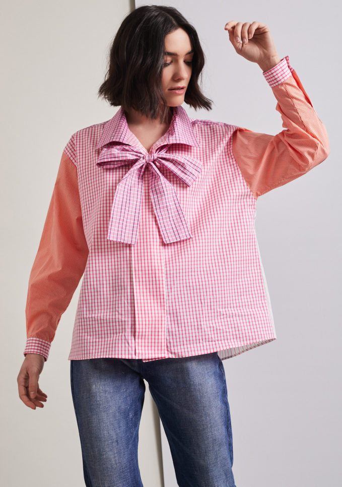 Susanna blu camicia artigianale in mix di cotoni a quadretti rosa con fiocco