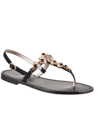 Sandalo infradito Jewels Gea nero in camoscio e pietre Preludio Capri