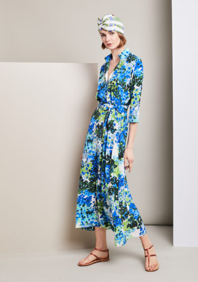 The dressing screen le tre sarte leandra dress in blue and green printed silk