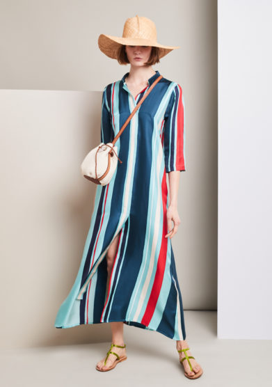 The dressing screen le tre sarte leandra dress in blue and red striped silk